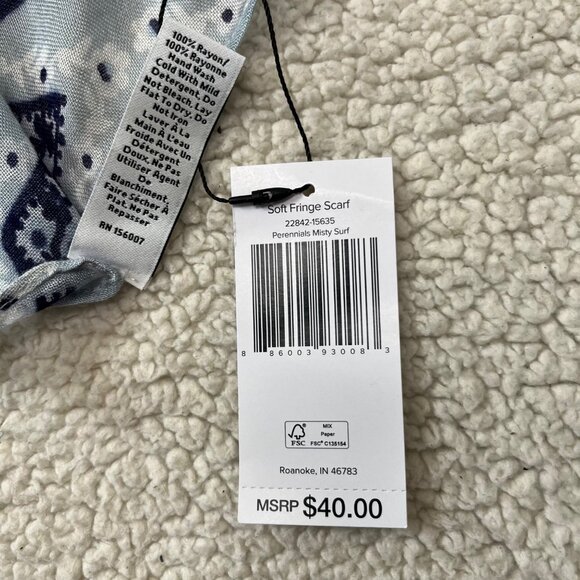 Vera Bradley Perennials Misty Surf Blue Rayon Scarf With Fringe 30" x 75" NWT - Picture 7 of 8